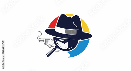 Detective hat and magnifying glass obscuring face, pistol smoking