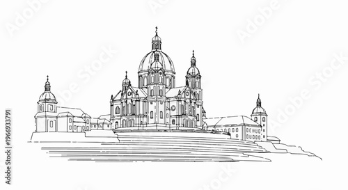 Detailed sketch of an ornate, multi-domed building complex on a tiered platform