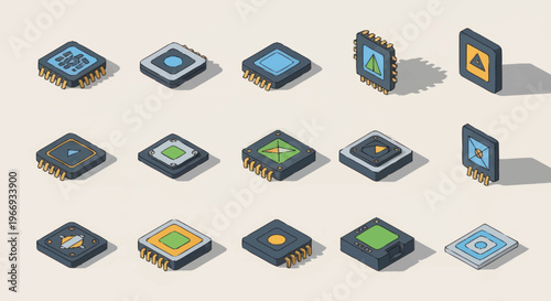 Collection of Isometric Microchip and Processor Icons.