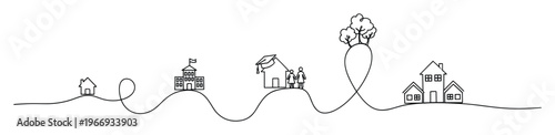 Continuous line drawing representing life journey stages from childhood home to education and family development to settling down, ideal for illustrating personal growth and future planning