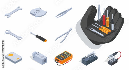 Collection of Tools and Electronic Devices for Repair and Maintenance.