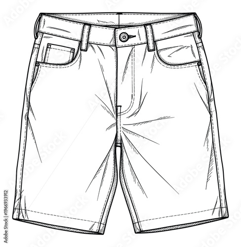 Detailed technical sketch of a mens casual shorts garment featuring front pockets and belt loops, perfect for clothing manufacturers and designers seeking accurate apparel templates
