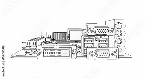 Detailed outline drawing of a computer motherboard's rear interface panel with multiple ports