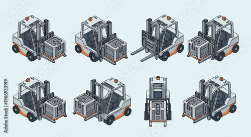 Isometric Forklift Truck Collection Various Angles.