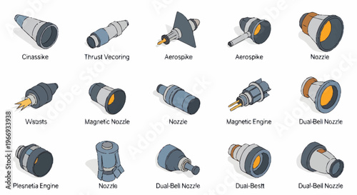 Collection of Isometric Rocket Engine Components and Spacecraft Parts.