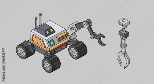 Isometric Robotic Rover with Detachable Claw Arm.