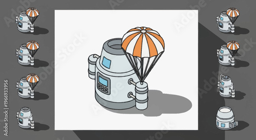 Isometric Space Capsule with Parachute Illustration.