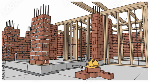 Construction site with brick walls, wooden framing, and yellow hard hat