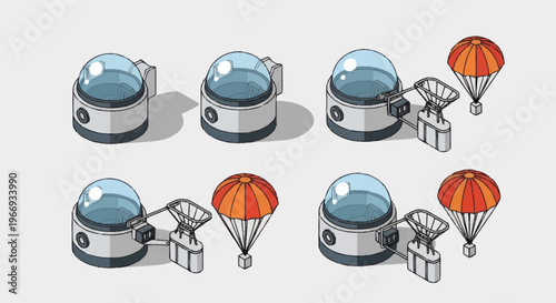 Isometric Space Pods and Parachutes Collection.