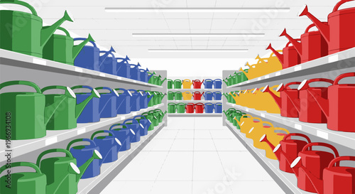 Colorful watering cans lined up on store shelves in an aisle