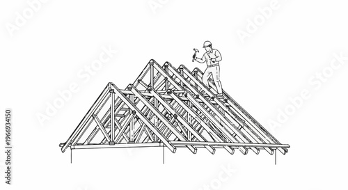 Construction worker hammers roof trusses, building a structure