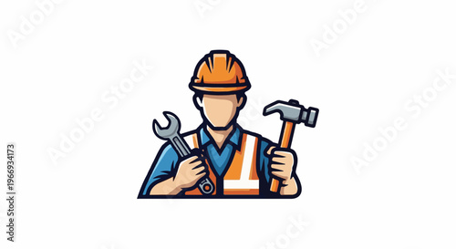 Construction worker in hard hat and vest, holding tools