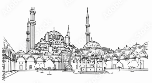 Detailed pen and ink sketch of a grand mosque complex with domes, minarets, and courtyards