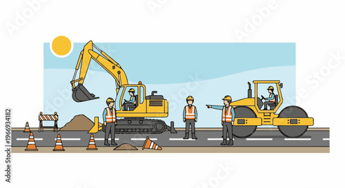 Construction workers operating heavy machinery and directing traffic on a road project