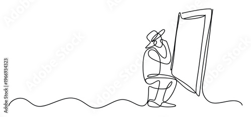 Continuous line drawing of a man in a hat contemplating his reflection in a tall mirror, ideal for visuals representing selfreflection, identity, and personal growth discussions