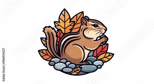 Cute chipmunk with autumn leaves and rocks, eating a nut