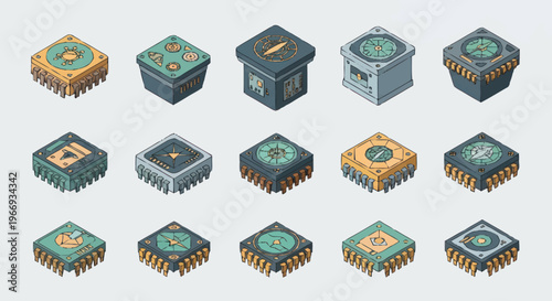 Collection of Futuristic Sci-Fi Computer Processors and Microchips.