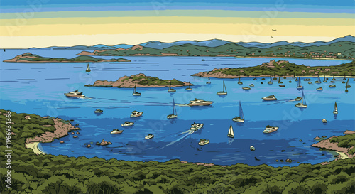 Coastal bay with numerous boats and yachts anchored under rolling hills