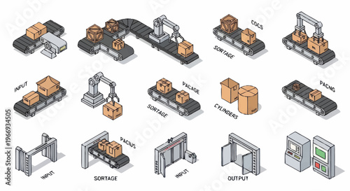 Isometric industrial automation and logistics equipment collection.