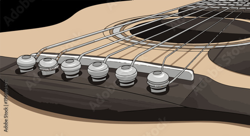Close-up view of acoustic guitar strings and bridge pins