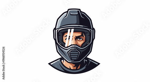 Close-up portrait of a person wearing a dark grey motorcycle helmet and visor