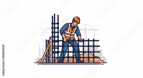 Construction worker assembling rebar for building foundation