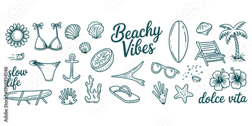 Beachy Vibes and Dolce Vita Summer Collection Hand Drawn Elements Keywords: summer, beach, vacation, ocean, sea, tropical, palm