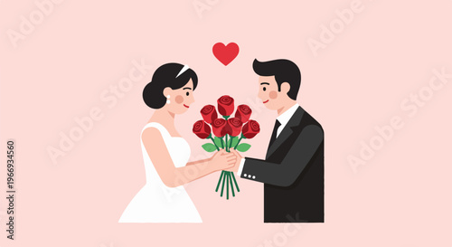 Couple exchanging a bouquet of red roses under a heart