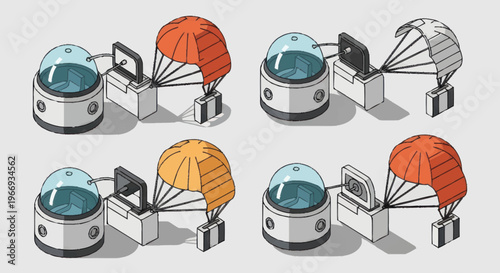 Four Isometric Illustrations of Space Pods with Parachutes.