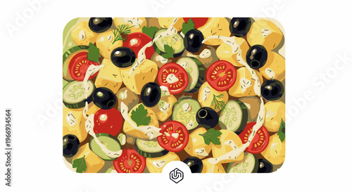 Close-up pixelated illustration of a fresh potato salad with olives