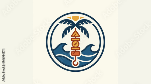 Tropical BBQ Logo With Palms Waves and Skewer