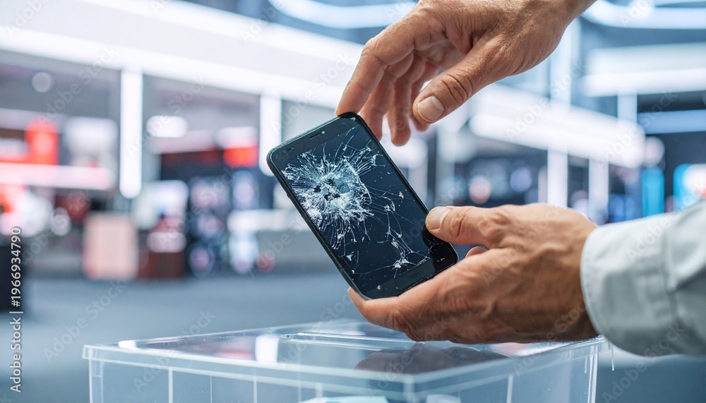 Naklejka premium Damaged smartphone screen being disposed of in a bin