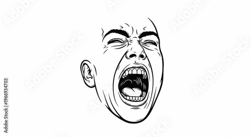 Close-up line drawing of a person screaming with eyes shut tightly
