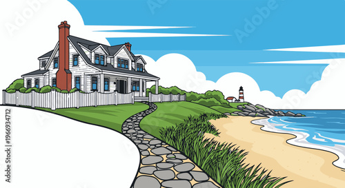 Coastal house with lighthouse on rocky shore