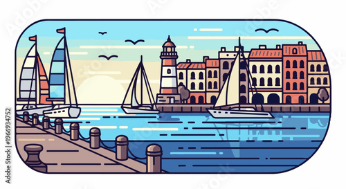 Colorful illustration of a coastal town with sailboats and a lighthouse