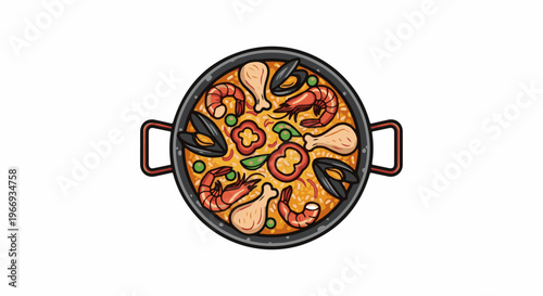 Colorful illustration of a paella dish in a pan with shrimp, mussels, chicken
