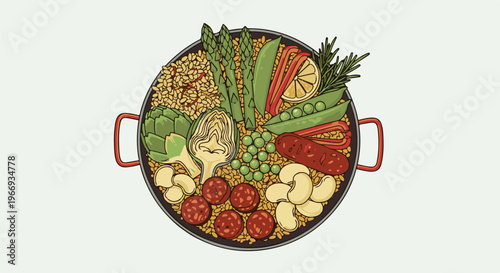 Colorful illustration of a paella dish with rice, vegetables, and meat