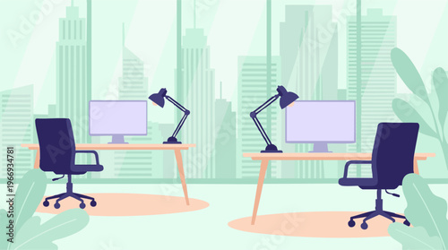 Modern office interior with empty workstations and cityscape view