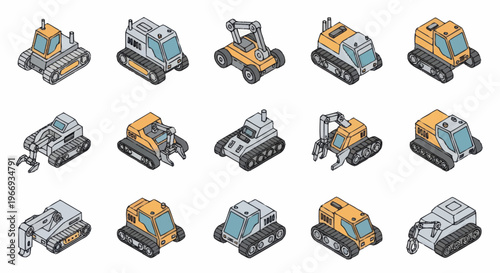 Collection of Miniature Construction Vehicles in Isometric View.