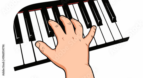 Close-up illustration of a hand playing piano keys, with fingers poised