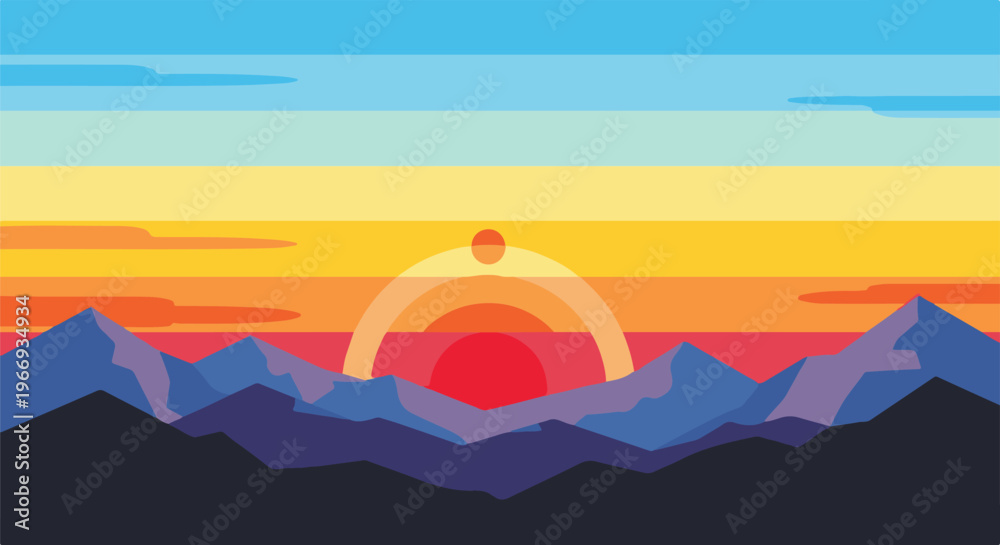 Obraz premium Colorful, minimalist mountain sunset with layered sky and horizon
