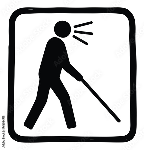 Black and white hand drawn icon showing a visually impaired person using a white cane and speaking, ideal for accessible public space navigation and inclusive information displays.