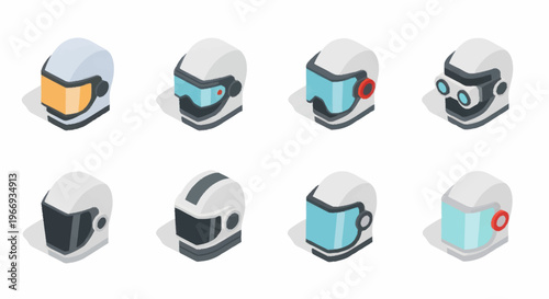 Collection of Futuristic Motorcycle Helmets in Isometric View.