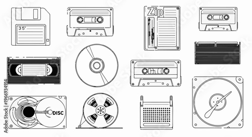 Collage of vintage data storage devices, including floppy disks, tapes, and discs