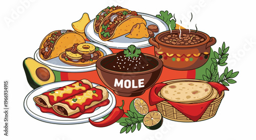 Colorful Mexican dishes including tacos, enchiladas, mole, and beans