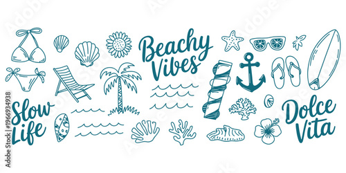 Beachy Vibes and Slow Life doodles with summer and ocean elements in teal Keywords: beachy vibes, slow life, dolce vita, summer
