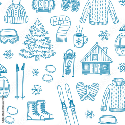 Blue line art seamless pattern of winter and ski resort elements Keywords: winter, ski, skiing, snow, cold, season, weather