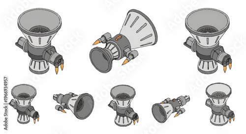 Futuristic Industrial Machine Component Set Isometric View.