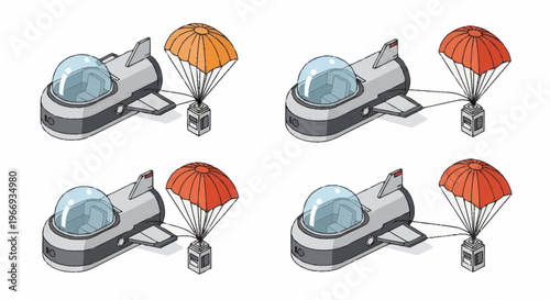 Futuristic Delivery Pods with Parachutes Dropping Cargo.