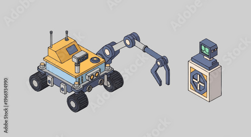 Yellow Robotic Rover with Articulated Arm and Control Station.